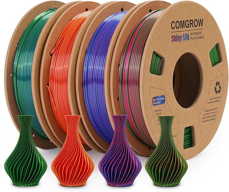Comgrow Silk Shiny Rainbow Multi-Color 3D Printer Filament, 3D Printing Materials Silk PLA 1.75mm, 3D Printing Filament +/-0.02mm, 250g X 4 Spool - Image 1